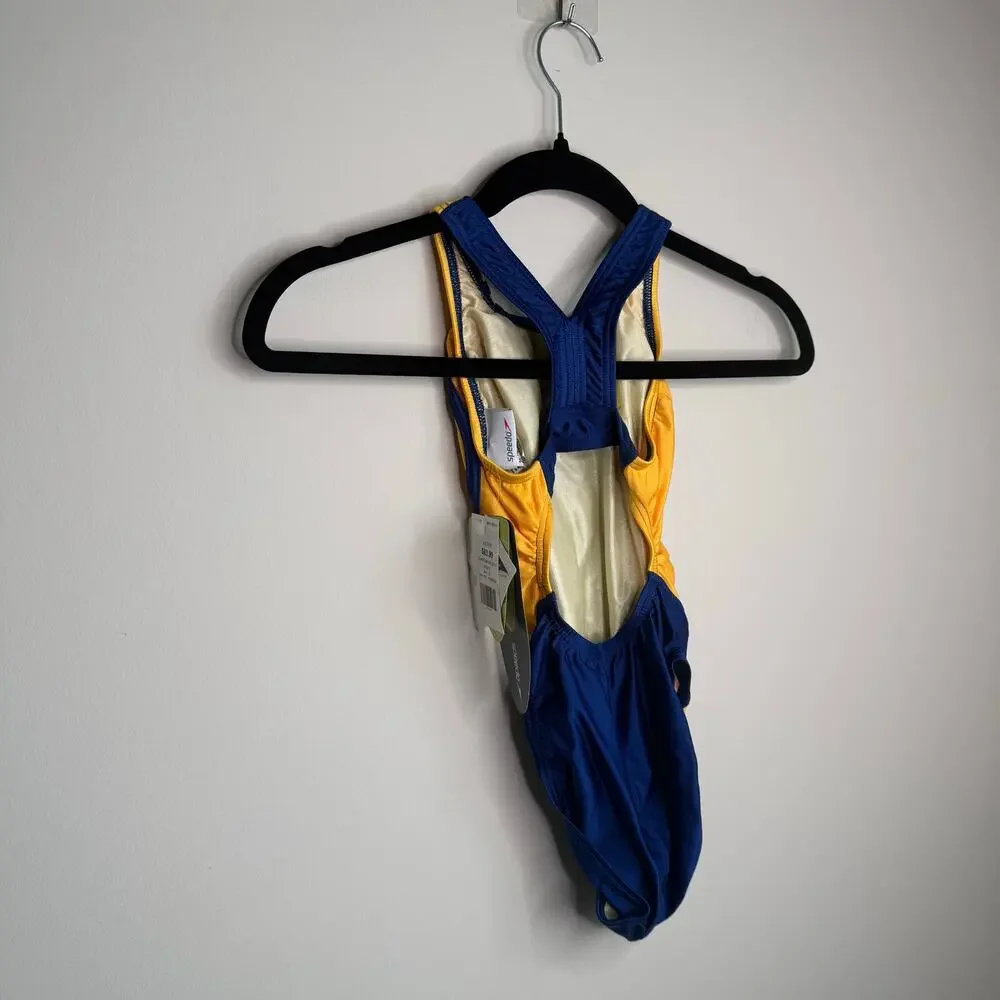 Speedo Girls Quantum Splice One Piece Swimsuit Youth 22 Navy Gold Racing NWT